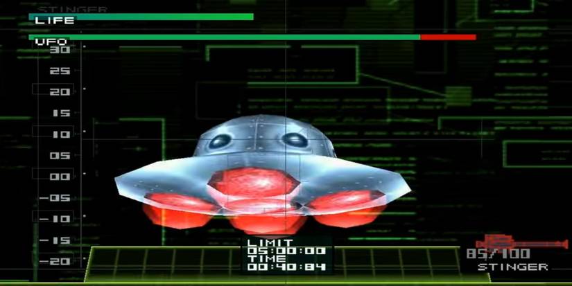 A U.F.O. in a virtual landscape being aimed at with a rocket launcher