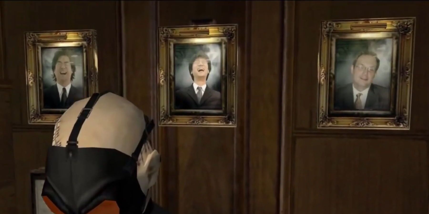 Hideo Kojima and two other game developers laughing on their paintings behind Psycho Mantis