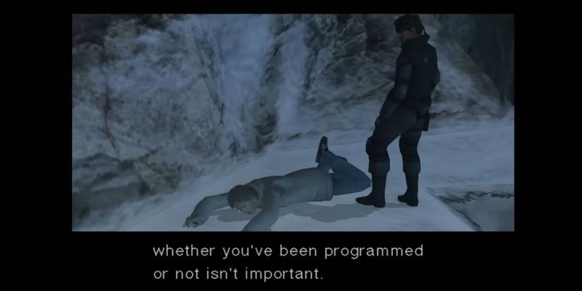 Otacon falling on snow while Snake looks at him