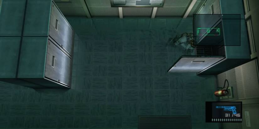 Snake near some lockers, equipped with a pistol and a radio on-screen