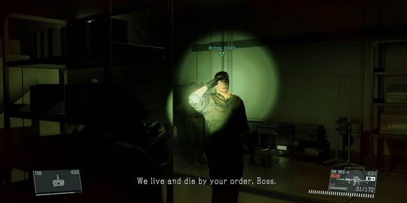 Saluting Soldiers in the dark, Venom Snake aims a gun at them