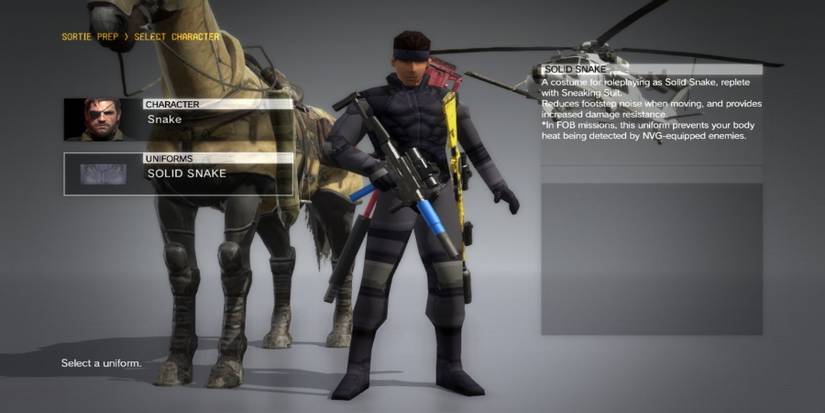 Venom Snake in his Solid Snake outfit while posing with guns near a horse and helicopter