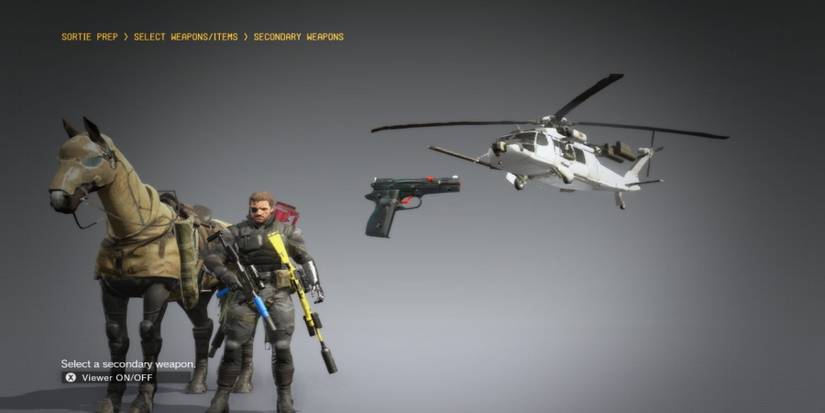 Venom Snake posing with guns near a horse, helicopter, and a floating water pistol