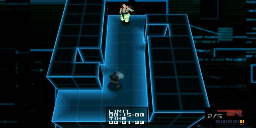 Snake shooting a guard with a pistol in a virtual stage