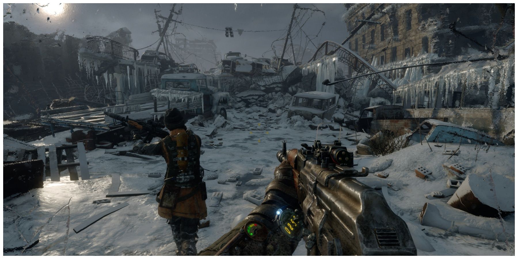 Player following a woman down an icy and dilapidated city street in Metro Exodus