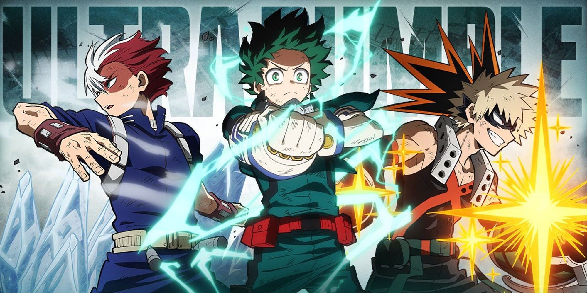 Deku, Todoroki, and Bakugo on the cover on My Hero Ultra Rumble