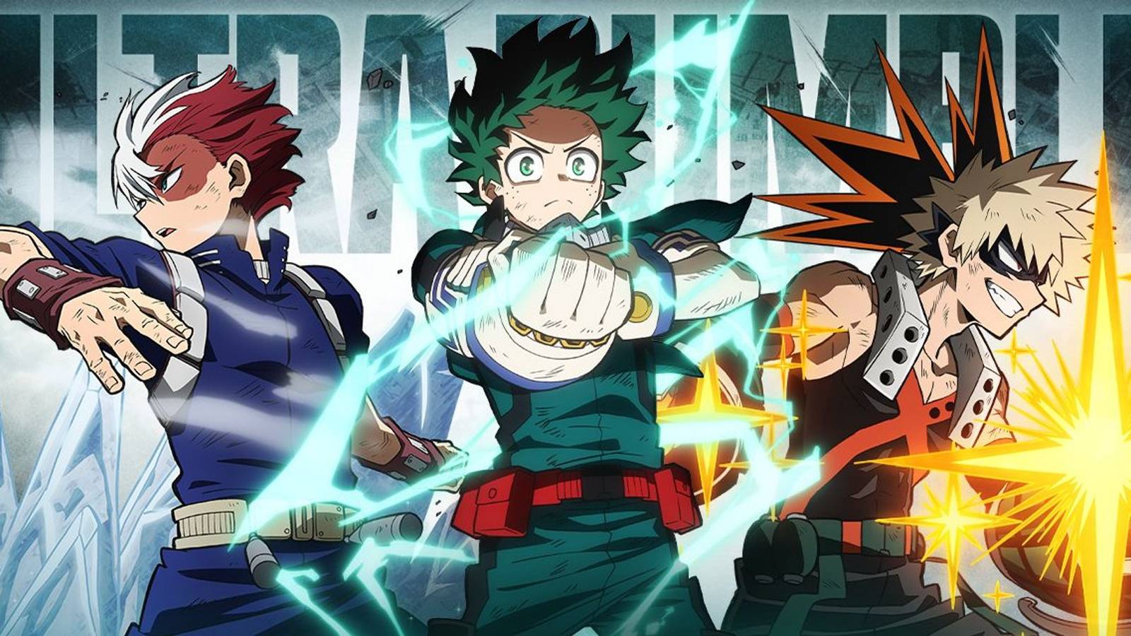 Deku, Todoroki, and Bakugo on the cover on My Hero Ultra Rumble