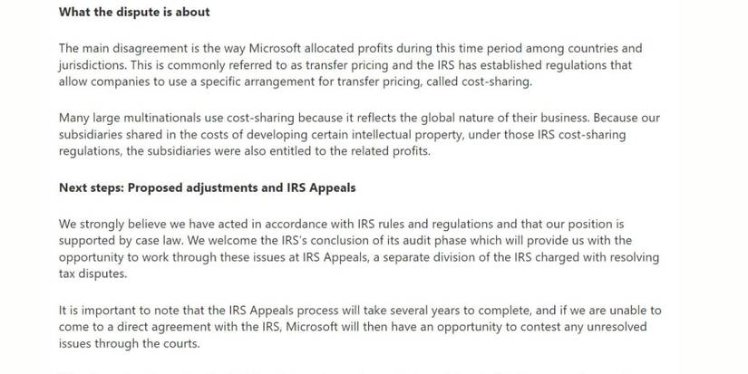 microsoft irs tax dispute statement
