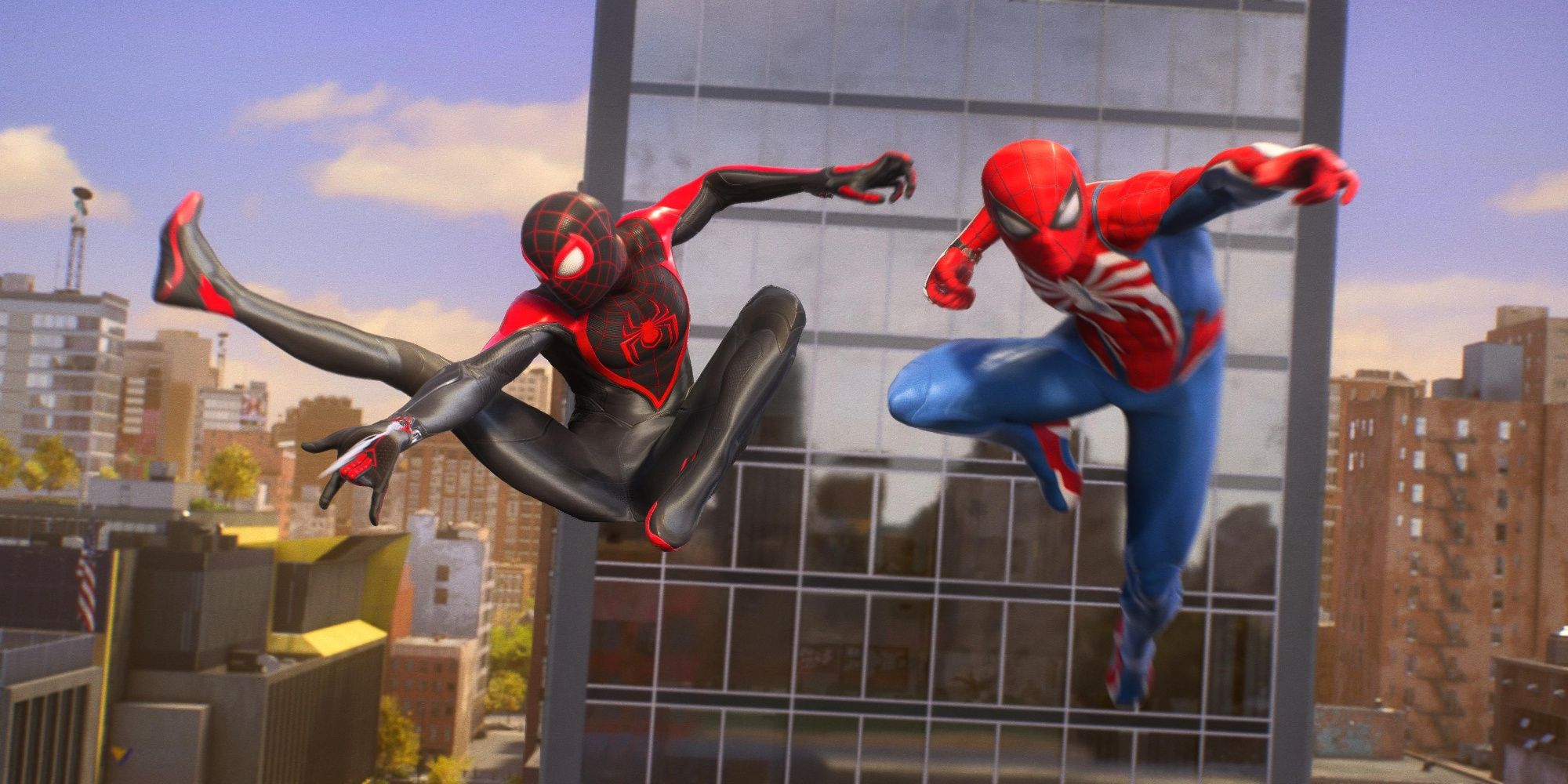 miles morales and peter parker spiderman swinging spider-man 2 game