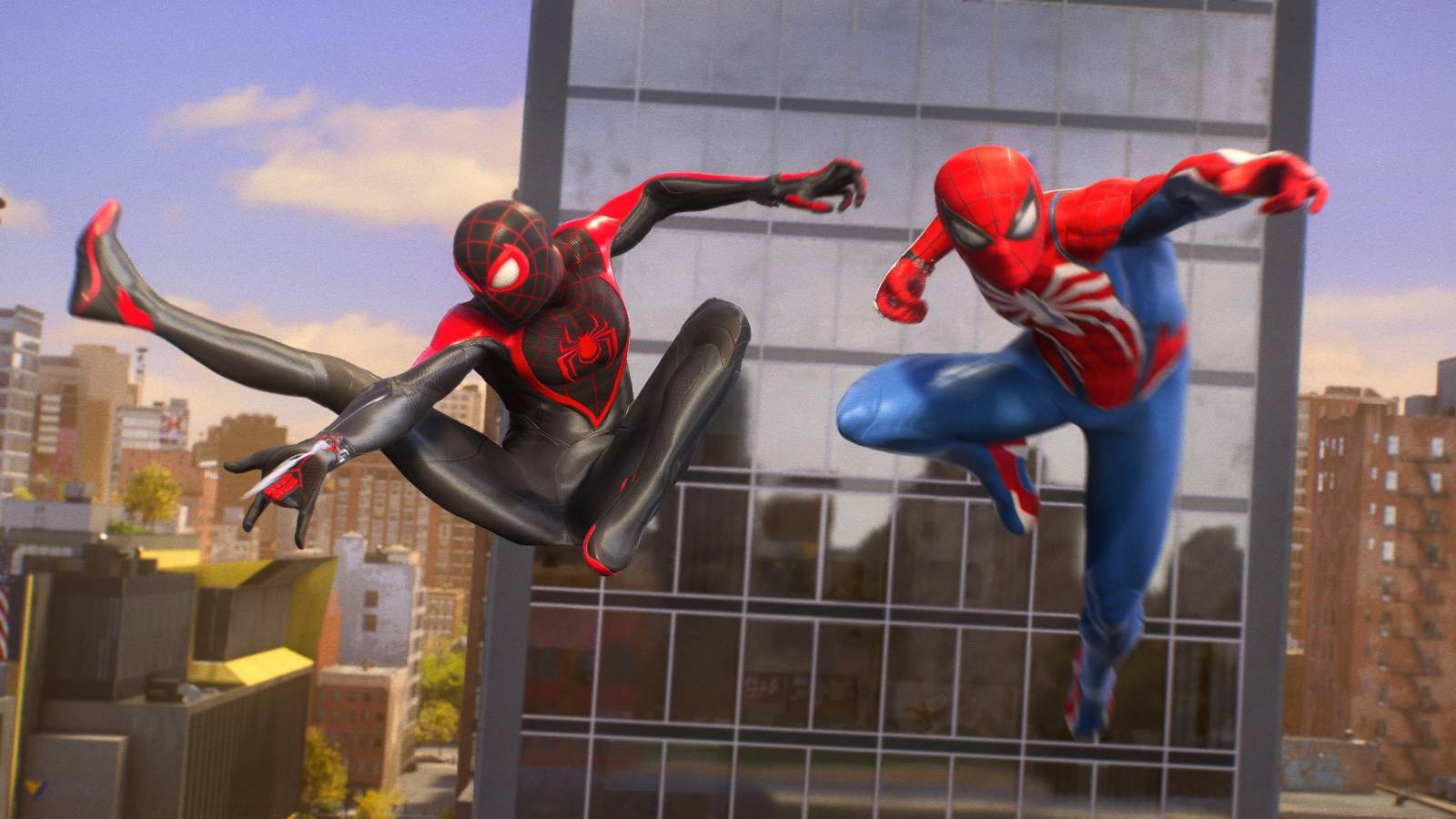 miles morales and peter parker spiderman swinging spider-man 2 game