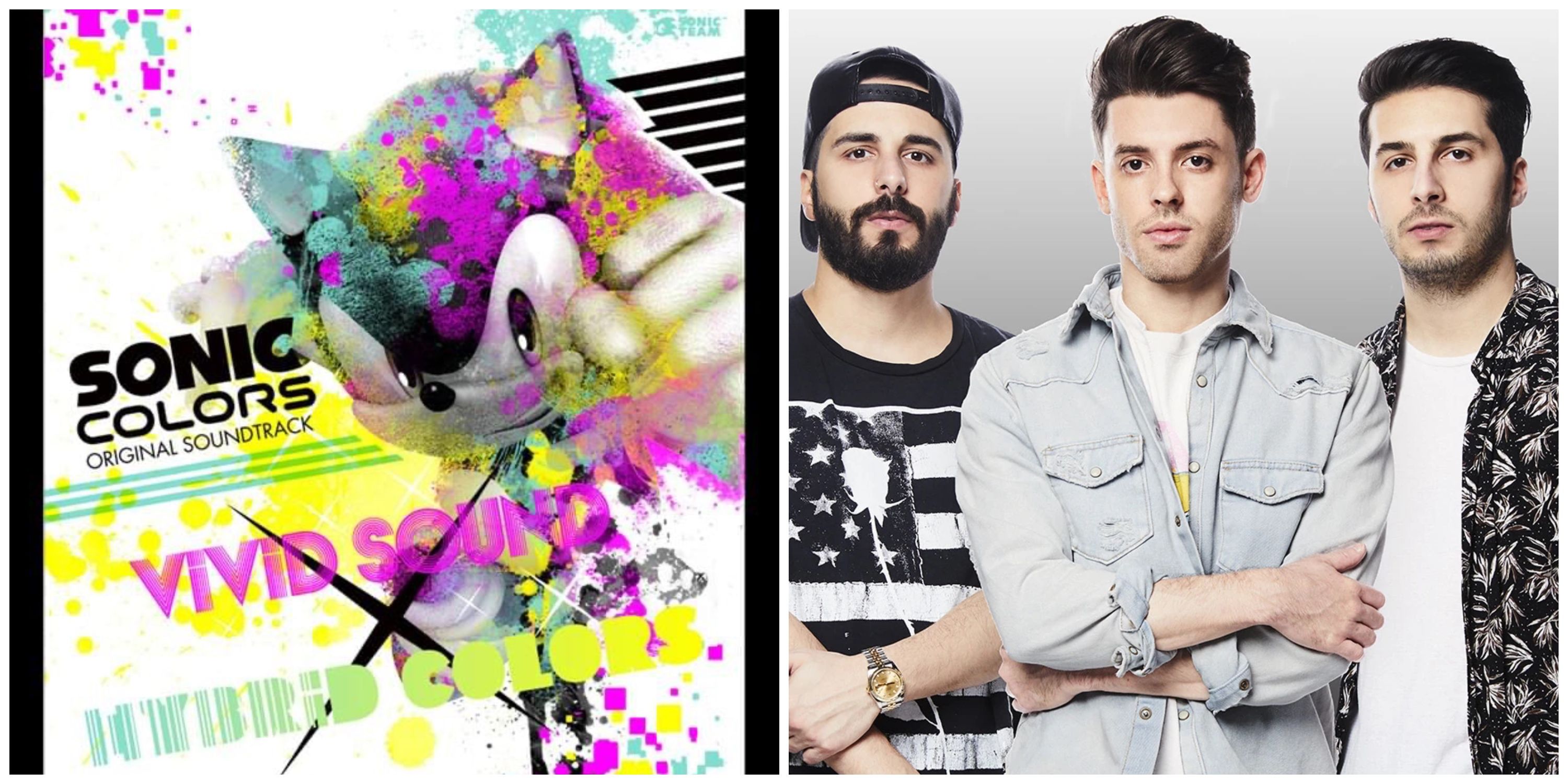 Sonic colors album cover, and Cash Cash band side by side
