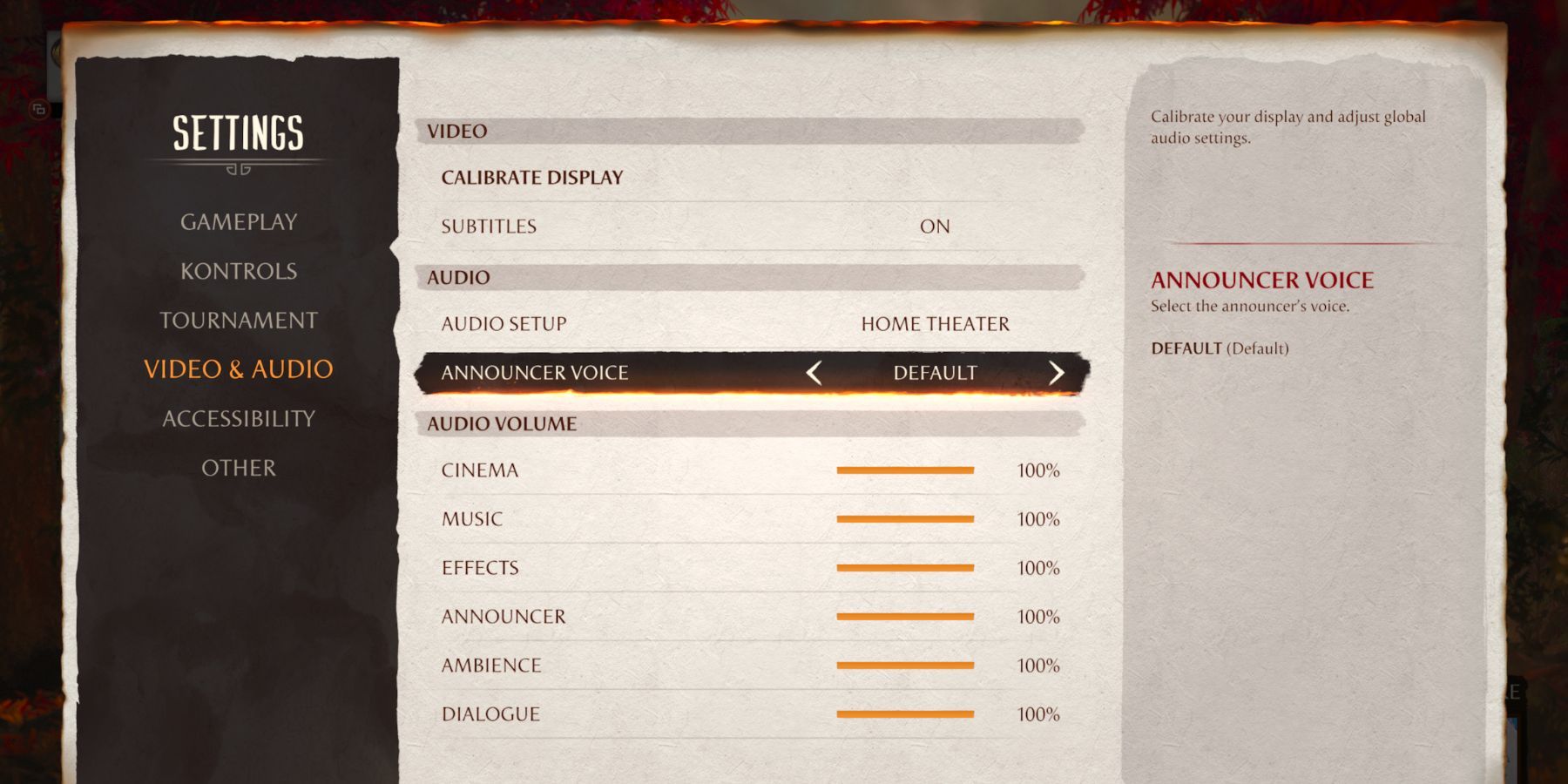 image showing the announcer voice settings in mortal kombat 1. 