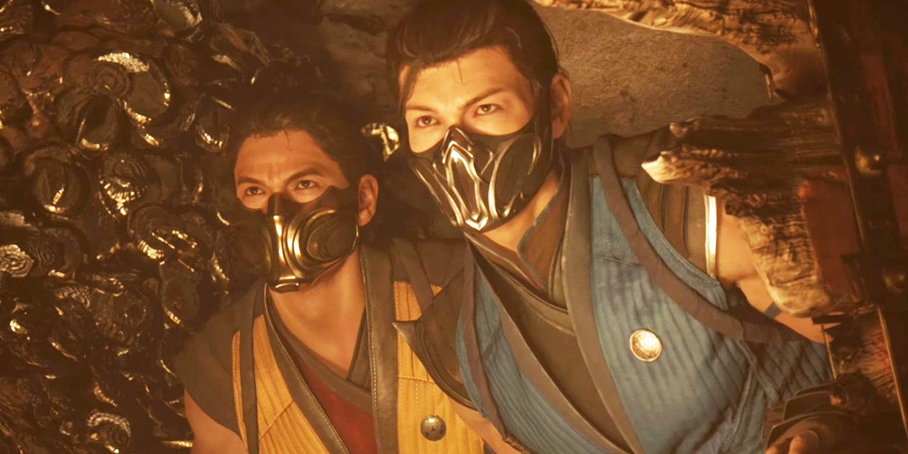 A screenshot of Scorpion and Sub-Zero sneaking through a temple in Mortal Kombat 1.