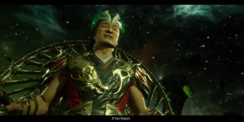 A giant Shang Ysung sitting on a complex throne in space while wearing a glowing crown