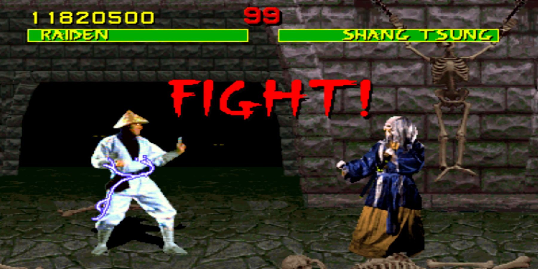 Raiden Versus Shang Tsung in a dark lair filled with bones - "FIGHT!" appears on-screen