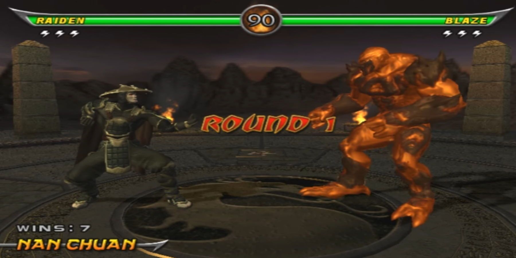 Raiden Versus Blaze atop a pyramid as "ROUND 1" appears on screen