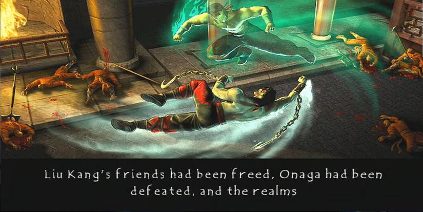 Liu Kang's ghost and his zombie form swirling around in the air in a hall of dead monks