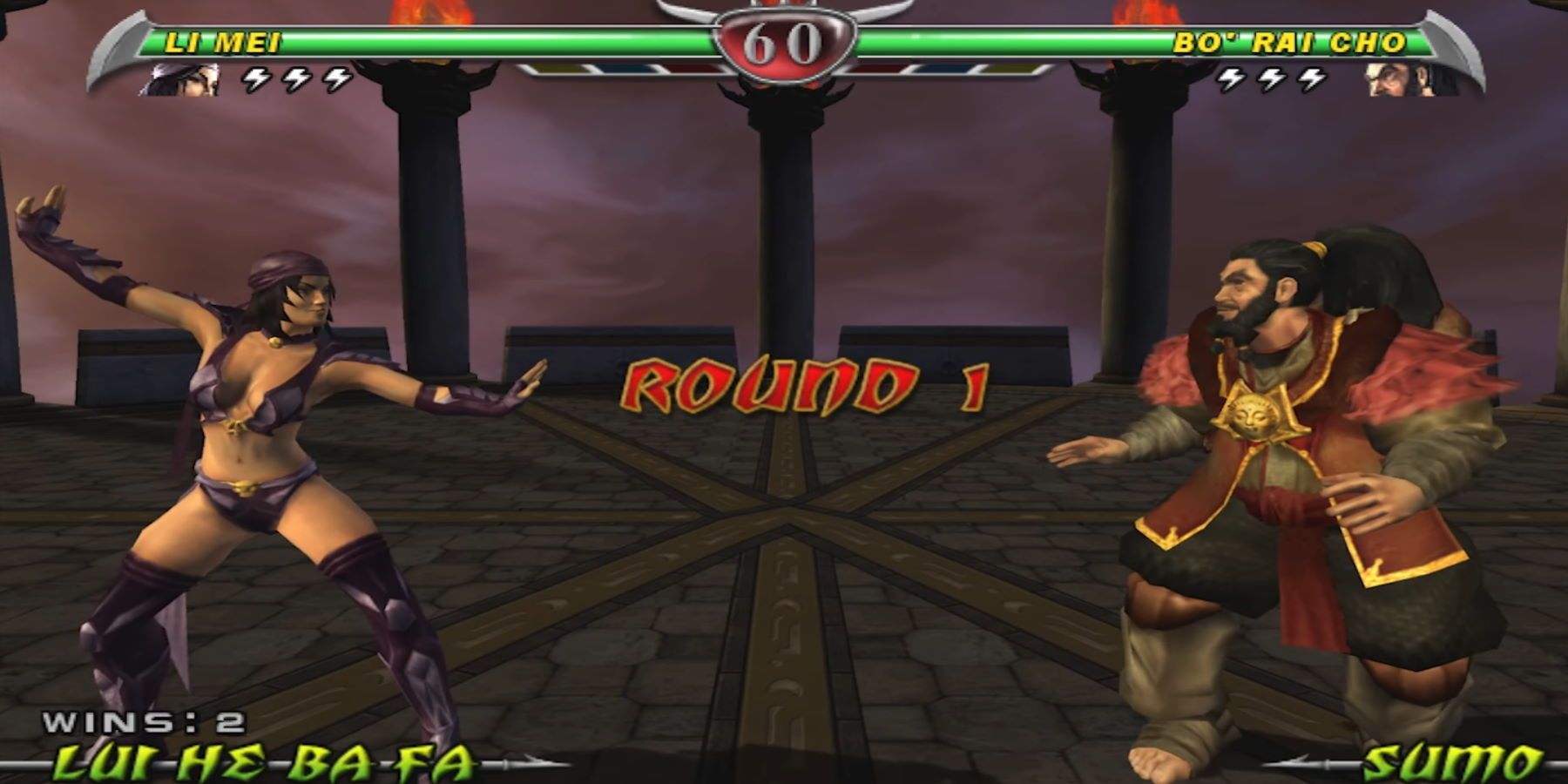 Li Mei Versus Bo' Rai Cho in a foggy arena, the text "ROUND 1" appears