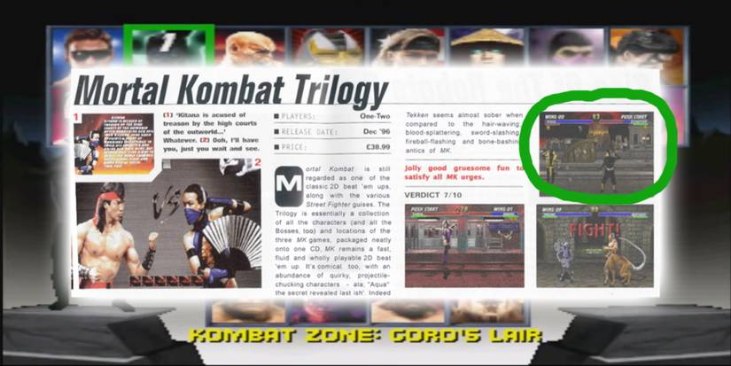 A magazine excerpt of a Mortal Kombat Trilogy review with a circled fake screenshot featuring Aqua against Scorpion