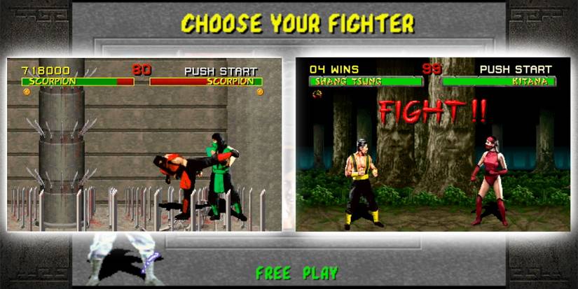Glitched versions of Ermac and Skarlet in red clothes, from Mortal Kombat I and II in two screenshots in front of a MK1 image
