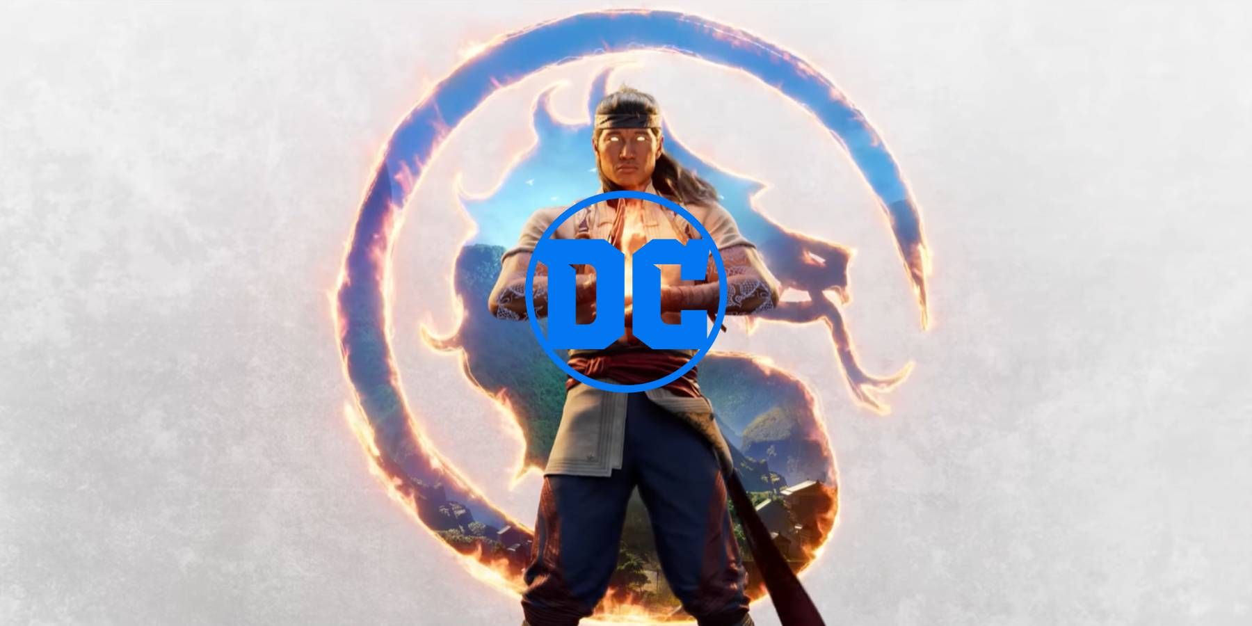 Liu Kang from the end of Mortal Kombat 1's trailer with the DC logo