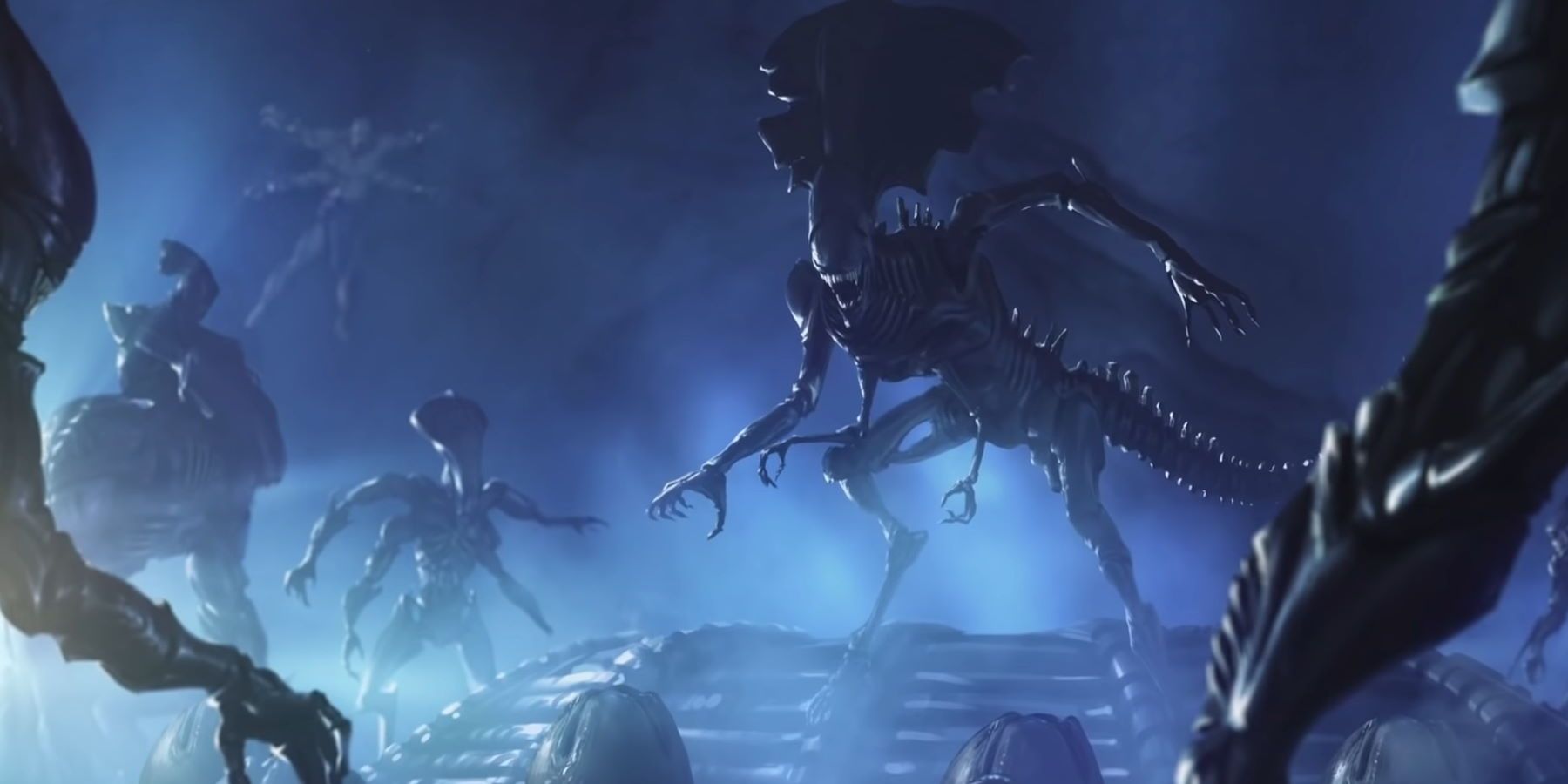 A Xenomorph queen surrounded by her eggs and mutant children as a Shokan is pinned to the wall