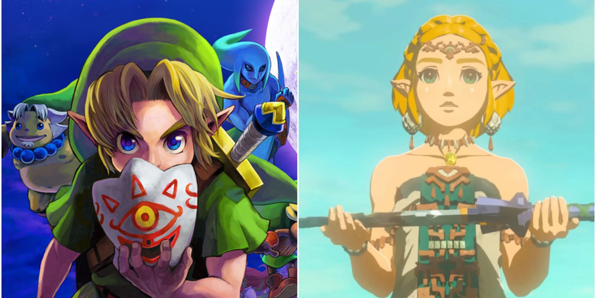 Link from Majora's Mask, his face half concealed by a Yiga-style mask, next to Zelda from Tears of the Kingdom, holding the master sword