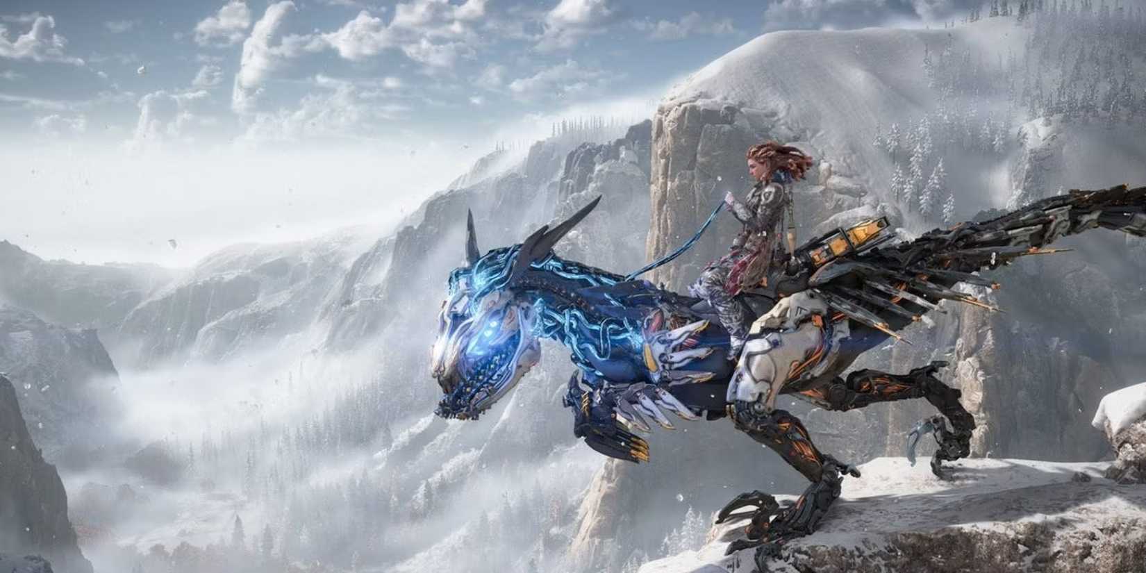 Aloy riding a Clawstrider in a snowy region in Horizon Forbidden West