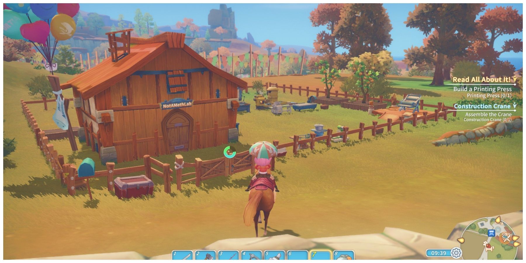 A character riding a horse towards a homestead in a field in My Time at Portia