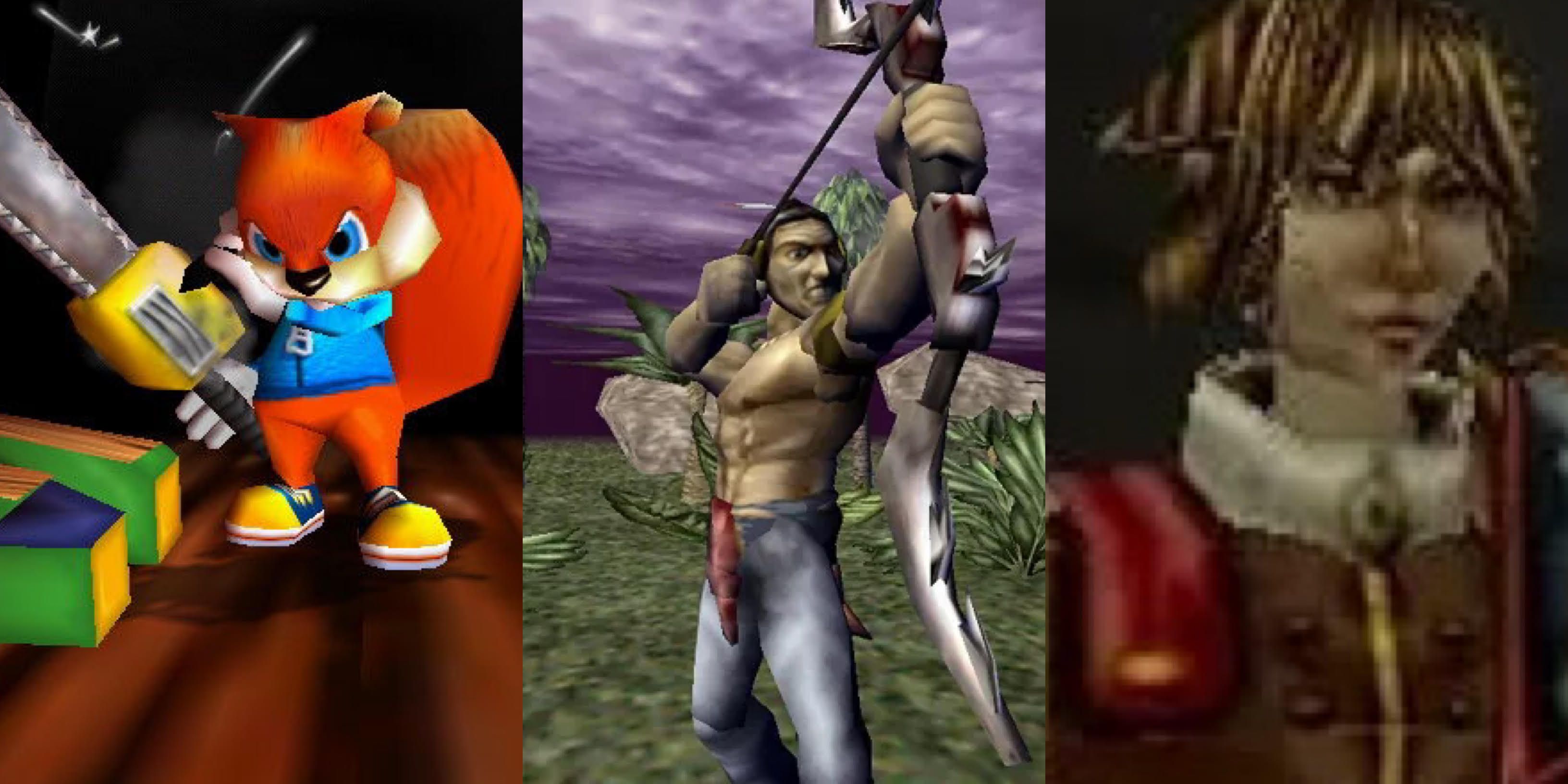 N64 Debut Characters: Conker in Conker's Bad Fur Day (left), Tal'Set in Turok: Dinosaur Hunter (middle), and Alaron in Aidyn Chronicles (right)