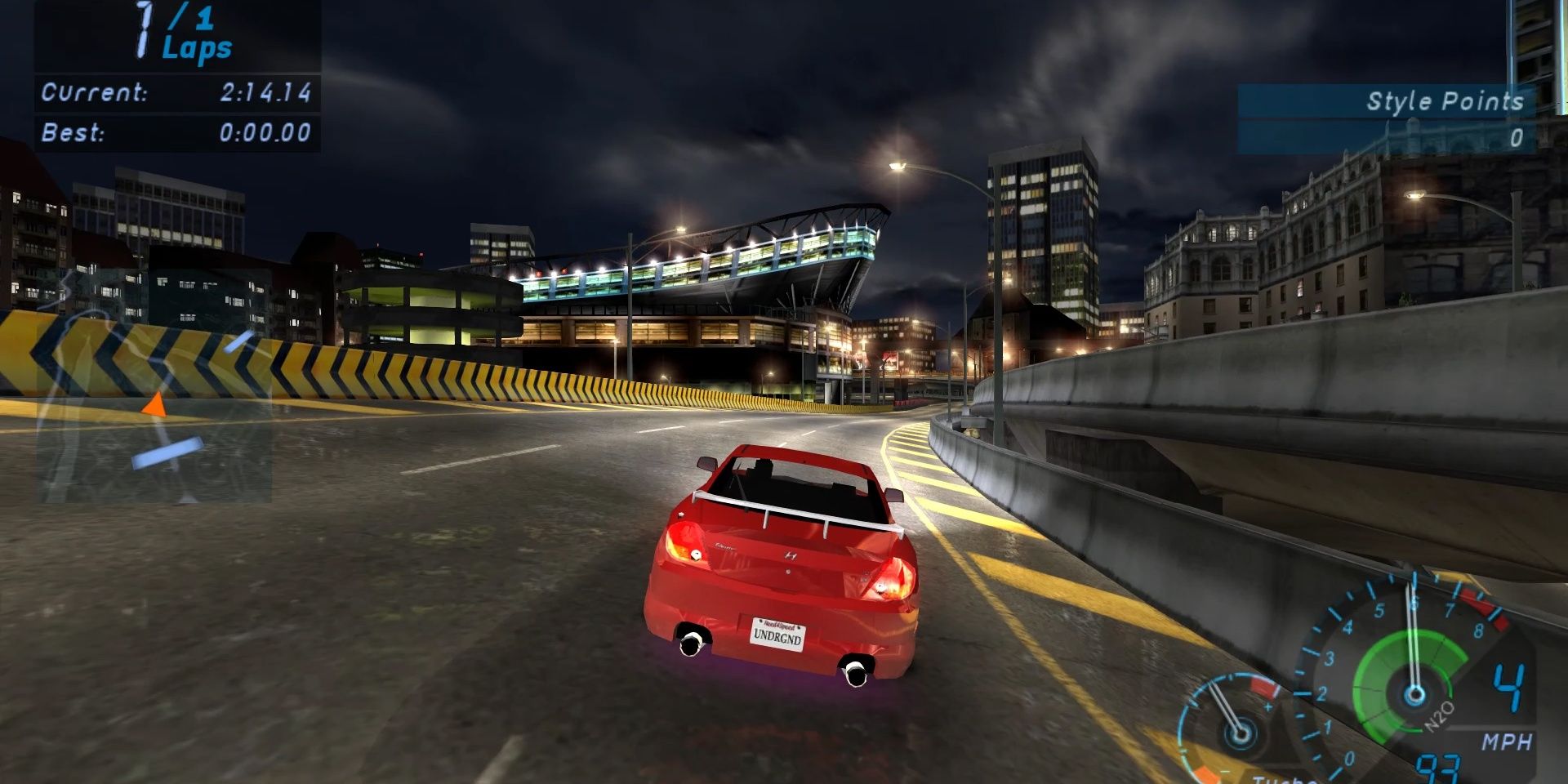 A vehicle driving at night in Need for Speed: Underground