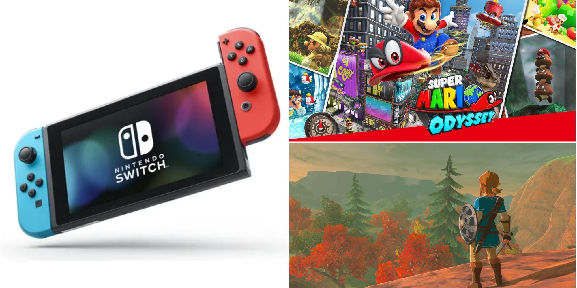 A Nintendo Switch with the right joycon about to click in, beside the Super Mario Odyssey cover and a shot from Breath of the Wild of Link looking out over a forest