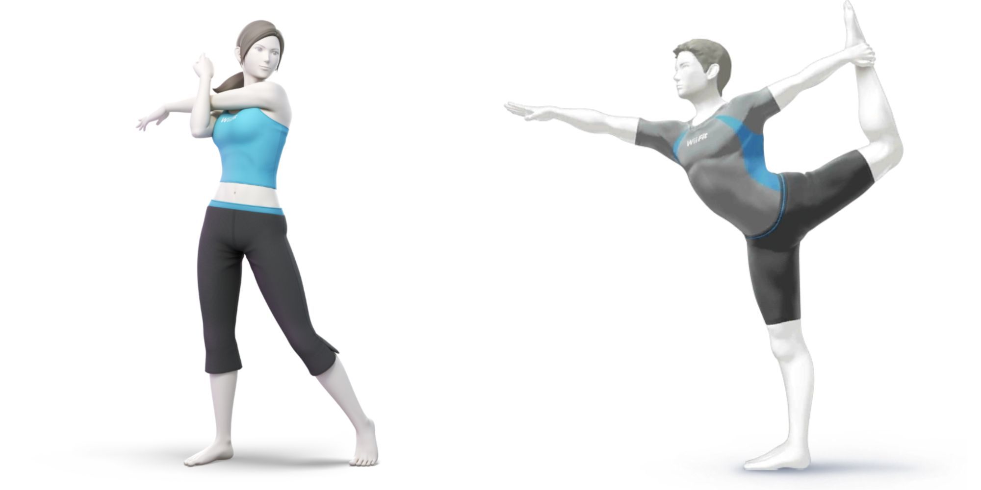 Nintendo Wii Fit Trainers, the female stretching her arms and the male lifting his leg up high