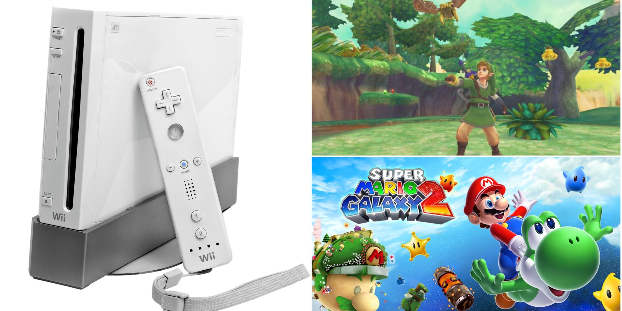 A Nintendo Wii beside some of its iconic titles, Super Mario Galaxy 2 and a shot of Link in a forest from Skyward Sword