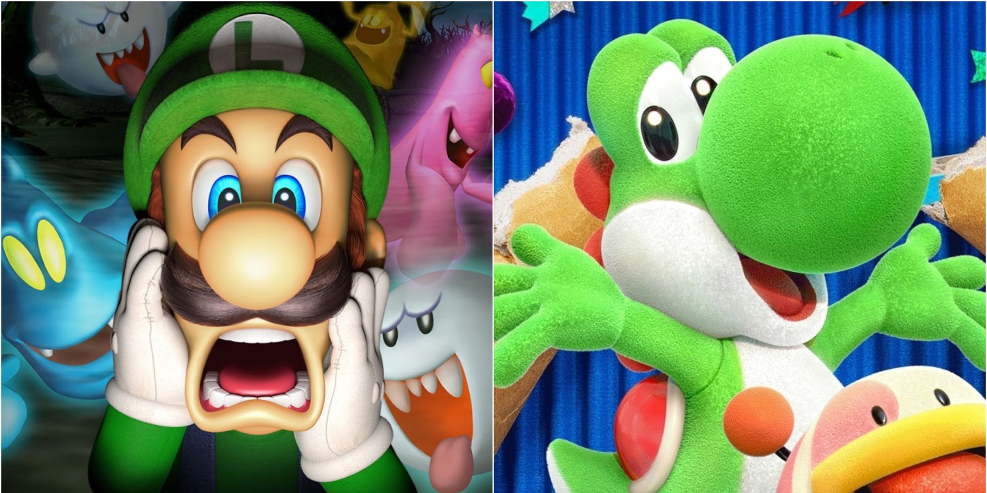 Luigi screaming as ghosts loom behind him, beside Yoshi with his arms thrown out as he smiles