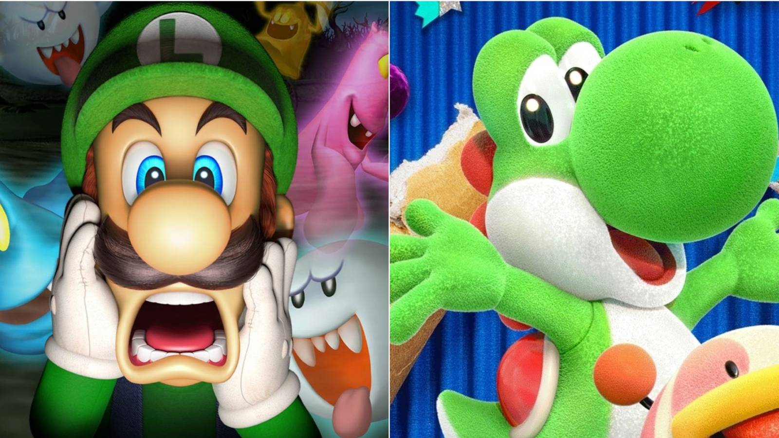 Luigi screaming as ghosts loom behind him, beside Yoshi with his arms thrown out as he smiles