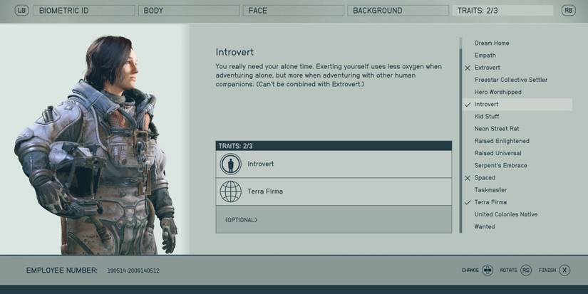 A player with the traits Introvert & Terra Firma in Starfield
