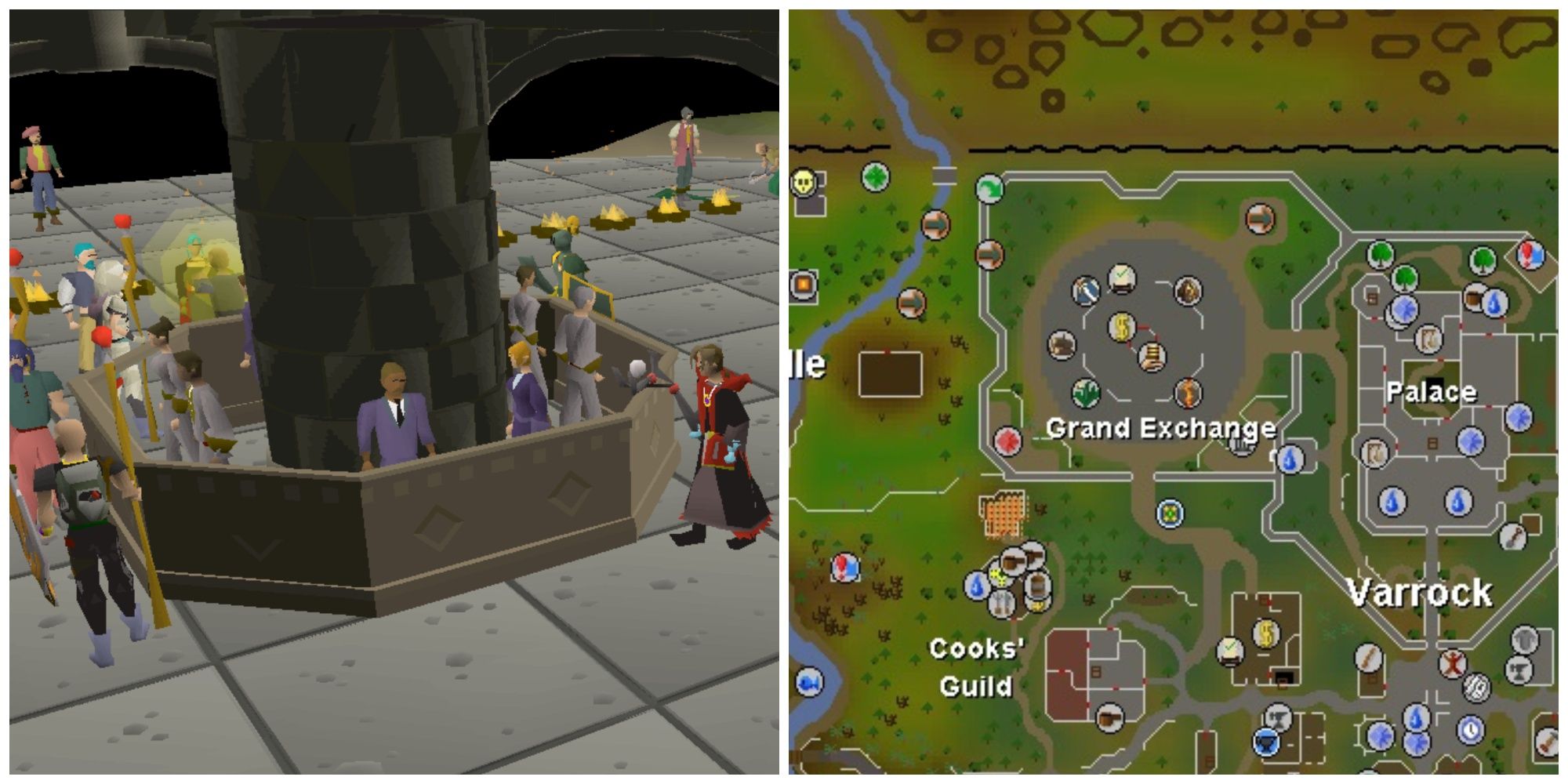 Spilt image showing the Grand Exchange in Varrock and a map showing its location.