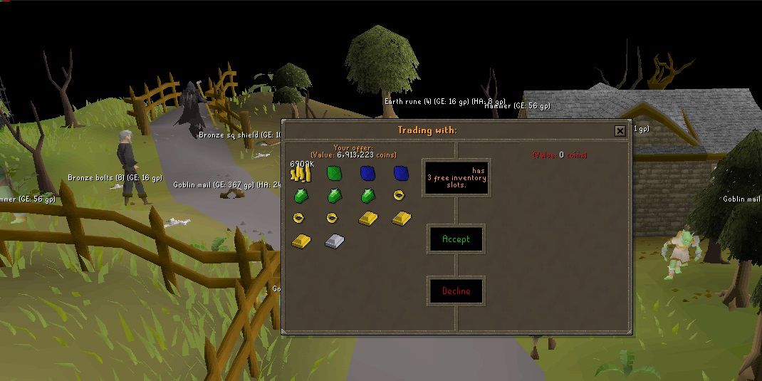 The trading interface in Old School RuneScape.