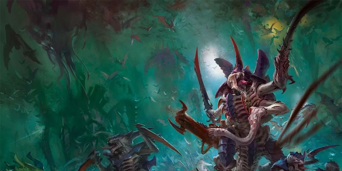 A Tyranid invasion led by a Hive Tyrant with a horde of flying creatures in the background