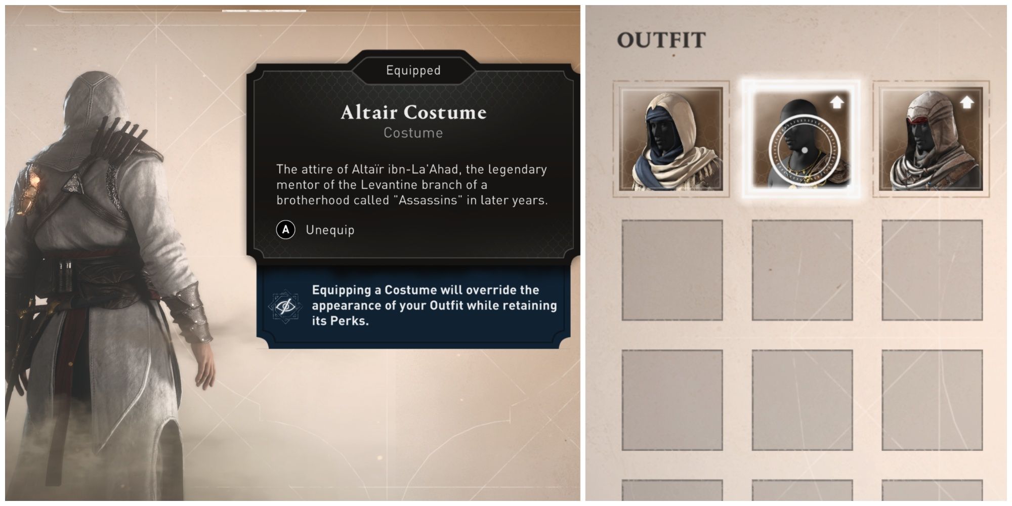 equipping different outfits and costumes in assassin's creed mirage