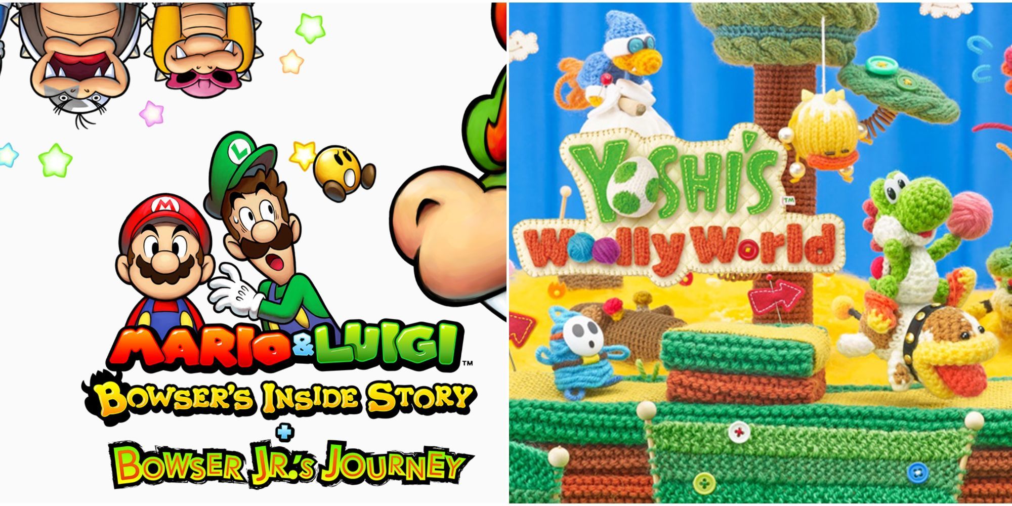 The cover poster for Mario & Luigi: Bowser's Inside Story with Luigi looking scared and Bowser creeping in from off screen, beside the cover for Yoshi's Woolly World where Yoshi is made of yarn and holding a ball of yarn