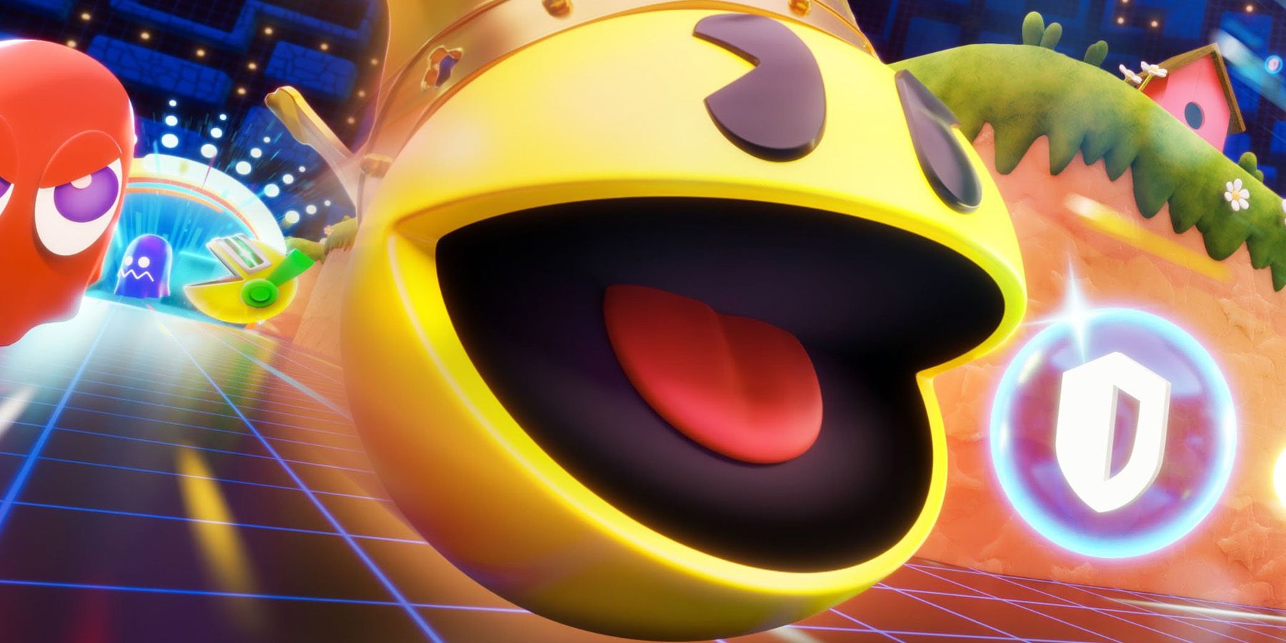 A promotional close-up image of Pac-Man in the new Pac-Man Mega Tunnel Battle Chomp Champs game.