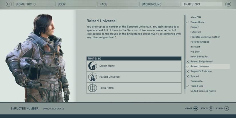 A player with the traits Dream Home, Raised Universal & Terra Firma in Starfield