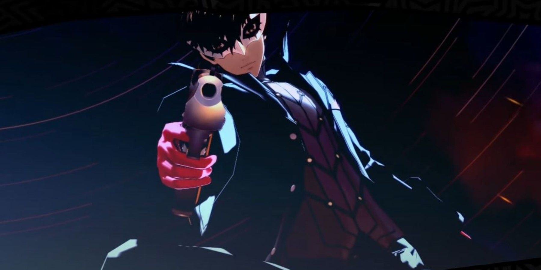 Persona 5 Royal cutscene Joker pointing handgun at the camera