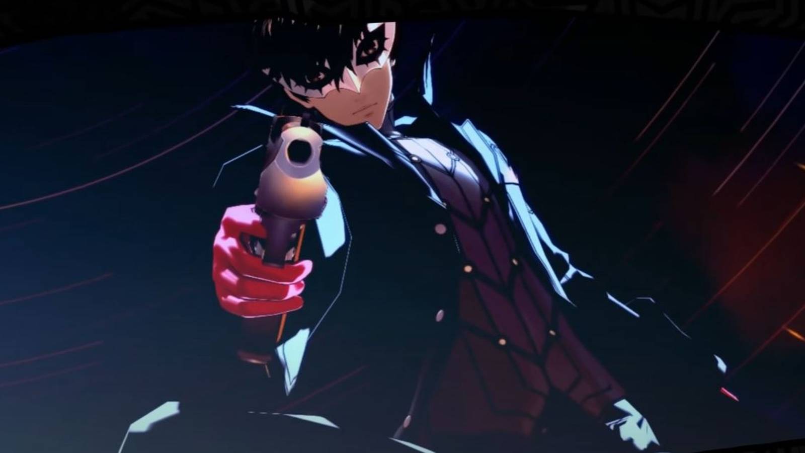 Persona 5 Royal cutscene Joker pointing handgun at the camera