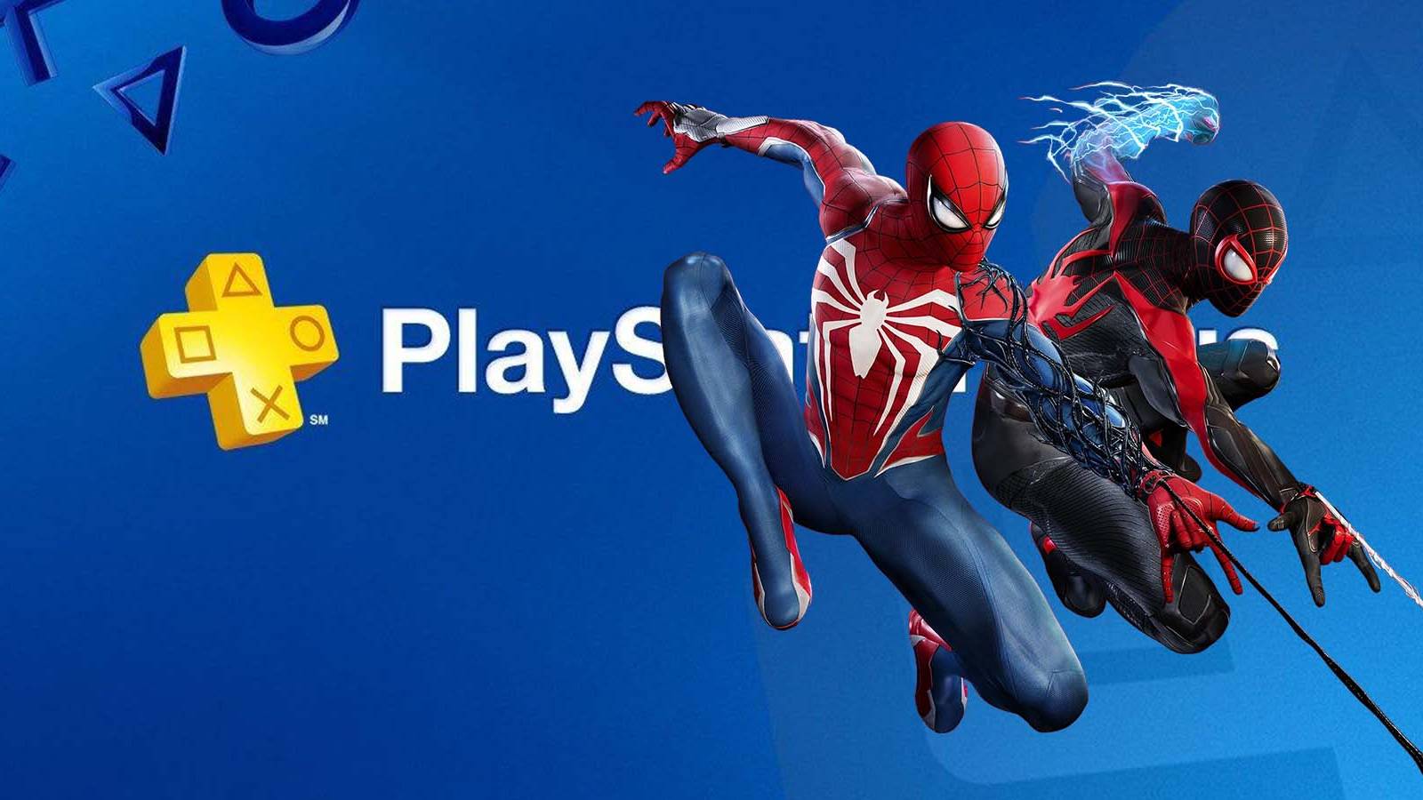 Peter and Miles in front of PlayStation Plus logo