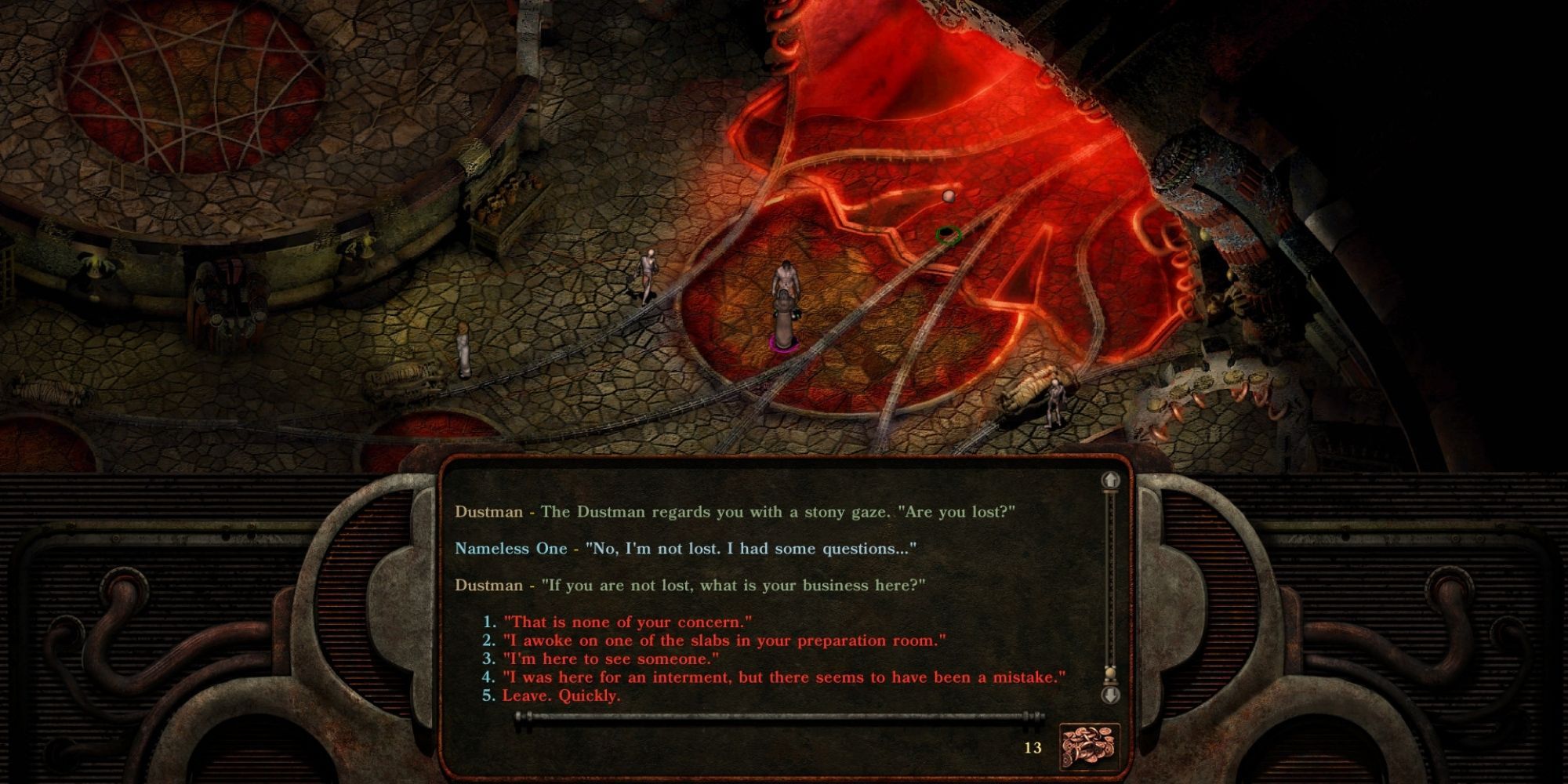 A player talking to a NPC in Planetscape: Torment