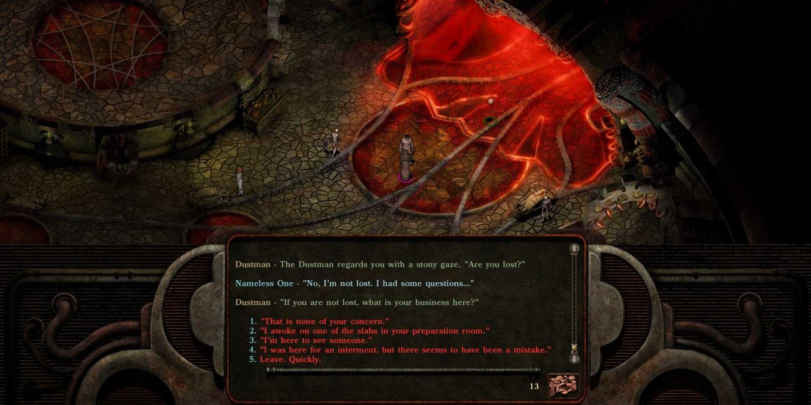 A player talking to a NPC in Planetscape: Torment