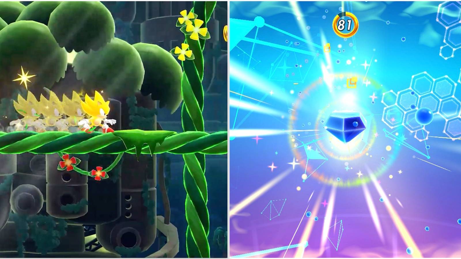 Playing a level as Super Sonic and a Chaos Emerald in Sonic Superstars